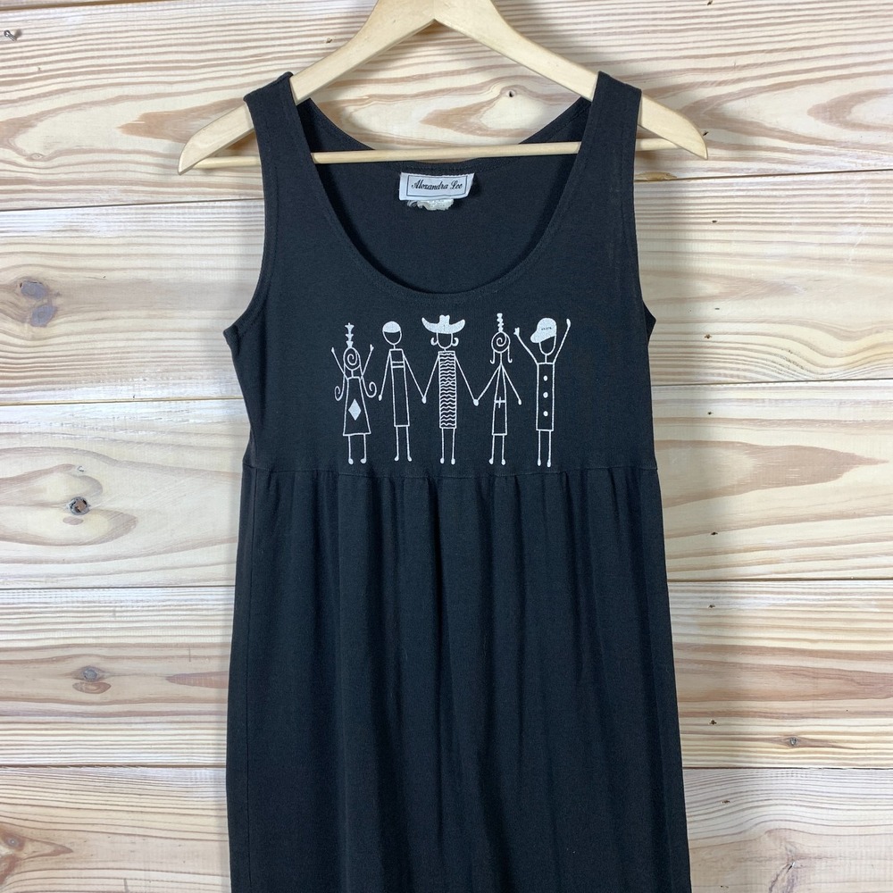 Vtg Alexandra Lee Overall Dress Diversity People‎ Black Artsy Tank Shirt Maxi